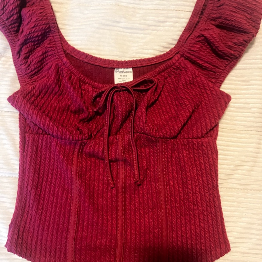 No Boundaries Red Ribbed Tie Front Cap Sleeve Blouse